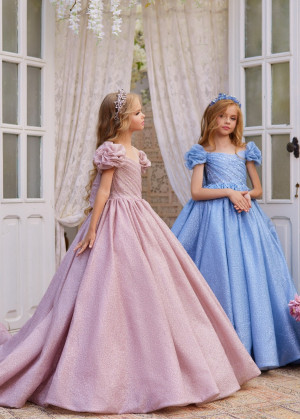 Puff Sleeves Glitter Lace Tulle Gorgeous Flower Girl Dress